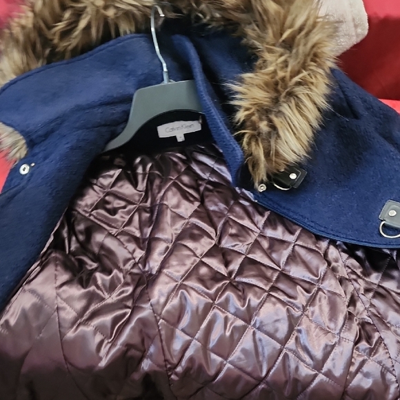 Calvin Klein Blue Wool Blend Coat Faux Fur Hood Winter Jacket - Picture 9 of 10
